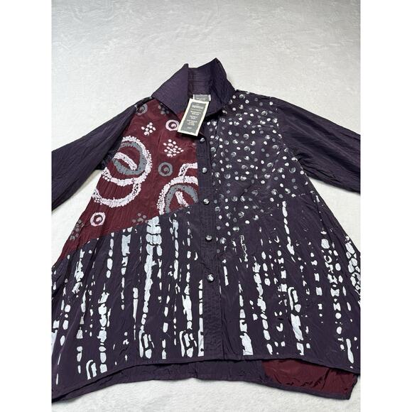 Harubella Batik Crinkle Art Shirt Purple Maroon Handmade Button Front Top Size M - Picture 2 of 8